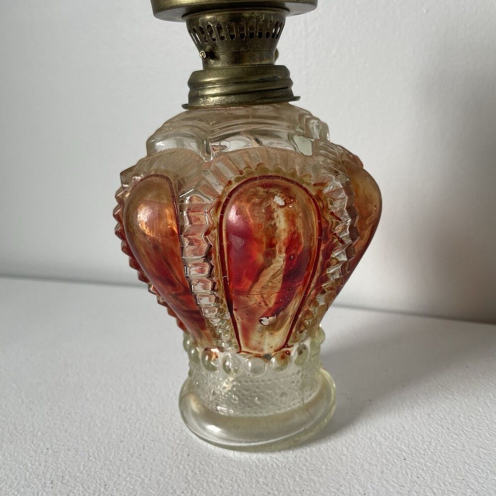 Vintage Antique Glass Oil Lamp Base Clear Red Brown Made in Hong Kong Glassware - Picture 4 of 10